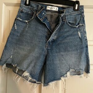 Abercrombie & Fitch High Rise Distressed Blue Jean 5 inch Dad Shorts